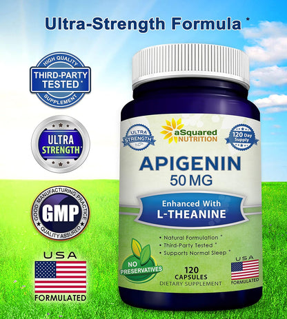 aSquared Nutrition Apigenin 50mg & L-Theanine 200mg - 120 Capsules - Apigenin Supplement Pills for Sleep and Relaxation - Natural Bioflavonoid Extract Found in Chamomile Tea | Apigenin Supplement Pills for Relaxation - Natural Bioflavonoid Extract Powder