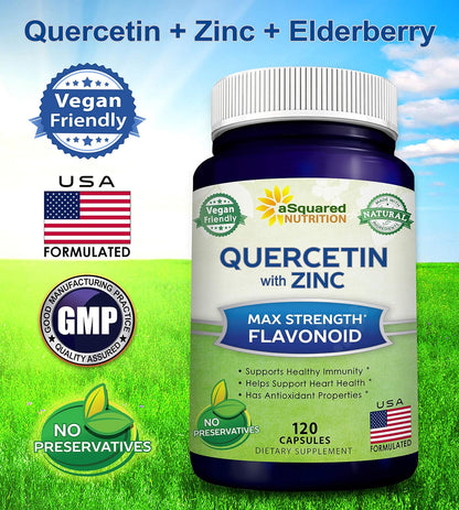 Quercetin with Zinc Supplement - 1000mg Per Serving - 120 Capsules | Quercetin Dihydrate with Zinc & Black Elderberry - Max Strength Powder Complex Pills to Help Improve Immune Response
