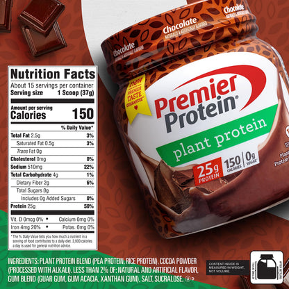 Premier Protein Powder Plant Protein, Chocolate, 25g Plant-Based Protein, 0g Sugar