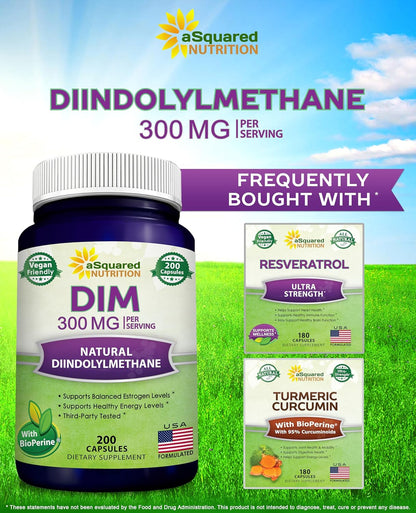aSquared Nutrition DIM Supplement 300mg Per Serving Plus BioPerine - 200 Veggie Capsules - Diindolylmethane DIM Max Strength Pills to Support Estrogen Metabolism & Balance, Menopause, Hormonal Acne