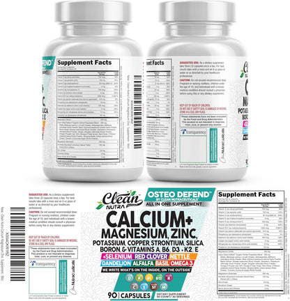 Allin1 Calcium Magnesium Zinc Supplement with Potassium, Copper, Strontium, Silica, Vitamin D3 K2, Boron, Vitamin B1 B12 Red Clover Herb Alfalfa Basil Pills for Men & Women Clean Nutra Osteo Defend