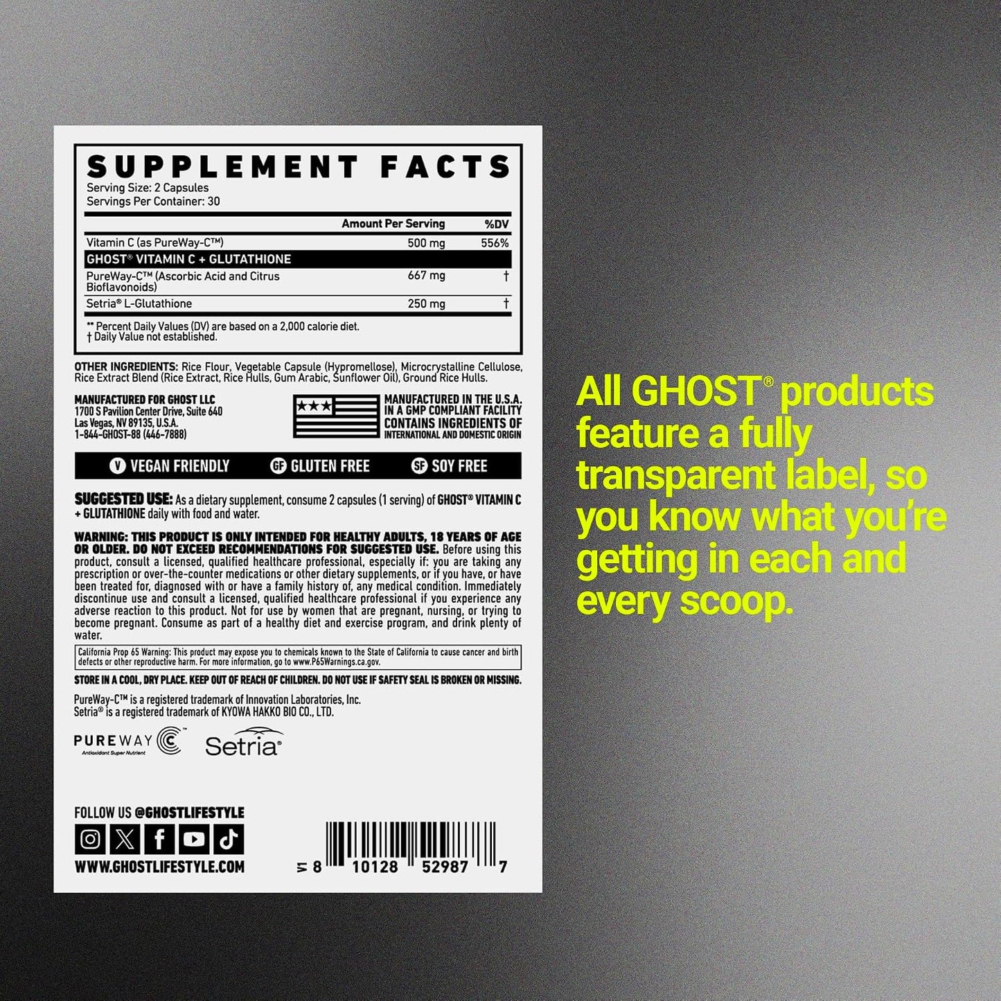 GHOST Basics Vitamin C + Glutathione Supplement for Men & Women – 500MG PureWay-C, 250MG L-Glutathione for Immune Health Support, Detox & Cleanse – Vegan, Soy-Free & Gluten-Free - 60 Veggie Capsules