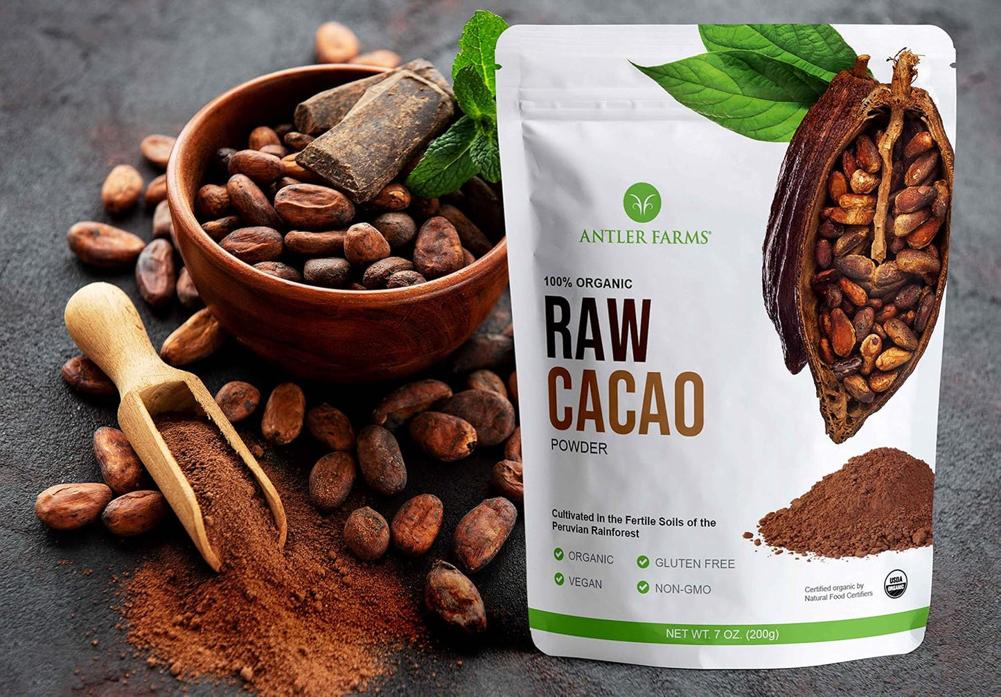 Antler Farms - 100% Pure Organic Raw Cacao Powder, 40 servings, 200g - Vegan, Gluten Free, Cultivated Naturally in Amazon Rainforest, Certified USDA Organic | 100% Pure, Vegan, Gluten Free, Cultivated Naturally in Amazon Rainforest, Certified USDA Organic