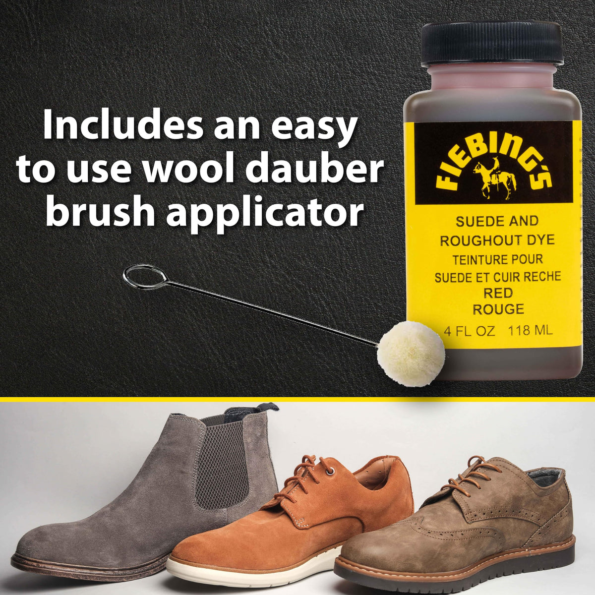 Fiebing's Black Suede Dye (4 oz) - Recolor, Brighten & Restore Suede & Roughout Leather Shoes, Furniture, Purse - Includes Wool Dauber for Easy Application - Flexible When Dry, Won't Crack or Peel