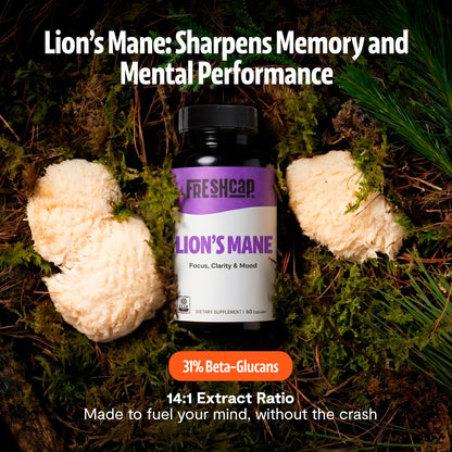 FreshCap Mushrooms Premium Organic Lions Mane Capsules - 14:1 Fruiting Body Extract with 31% Beta-Glucans - 3rd-Party Tested Nootropic for Clarity, Focus & Cognitive Support (120 Capsules)