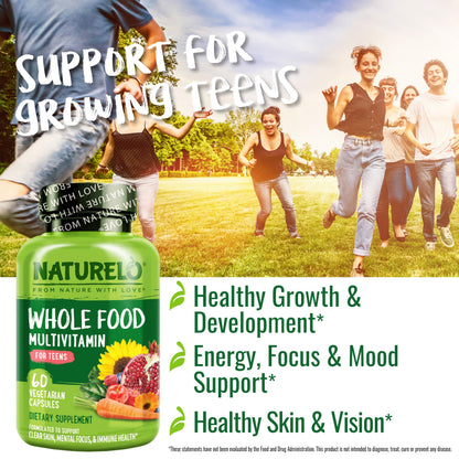 NATURELO Multivitamins for Teenage Girls/Boys, 60 Capsules, Whole Food Multivitamin with Minerals, Non-GMO, Vegetarian