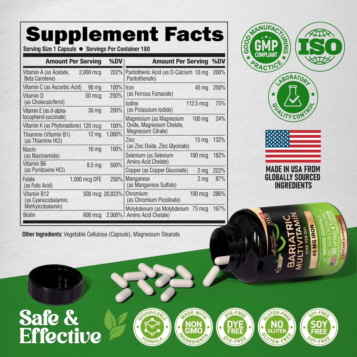 Bariatric Multivitamin - 45 mg Iron Supplements - Lab Tested - for Women & Men - All-in-One, 21 Essential Vitamins - Gastric Sleeve Support - Free of Sugar, Gluten & Soy - 90 Capsules, Once Daily