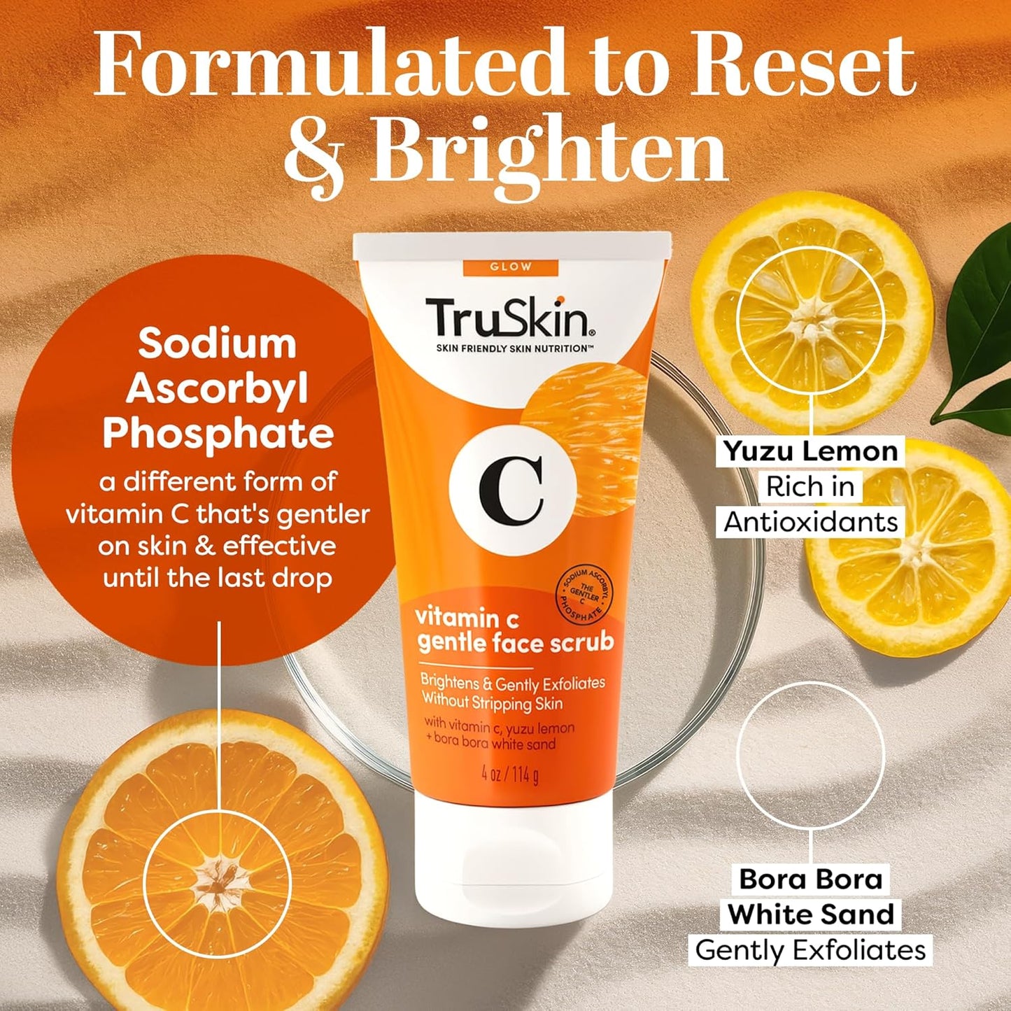 TruSkin Vitamin C Brightening Face Scrub with Yuzu Lemon, 4 fl oz | With Bora Bora white sand to gently exfoliate, smooth skin texture and reveal softer, more radiant-looking skin