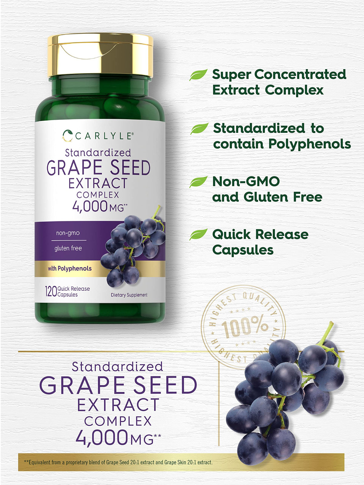 Carlyle Grape Seed Extract 4,000mg | 120 Quick Release Capsules | Standardized Extract