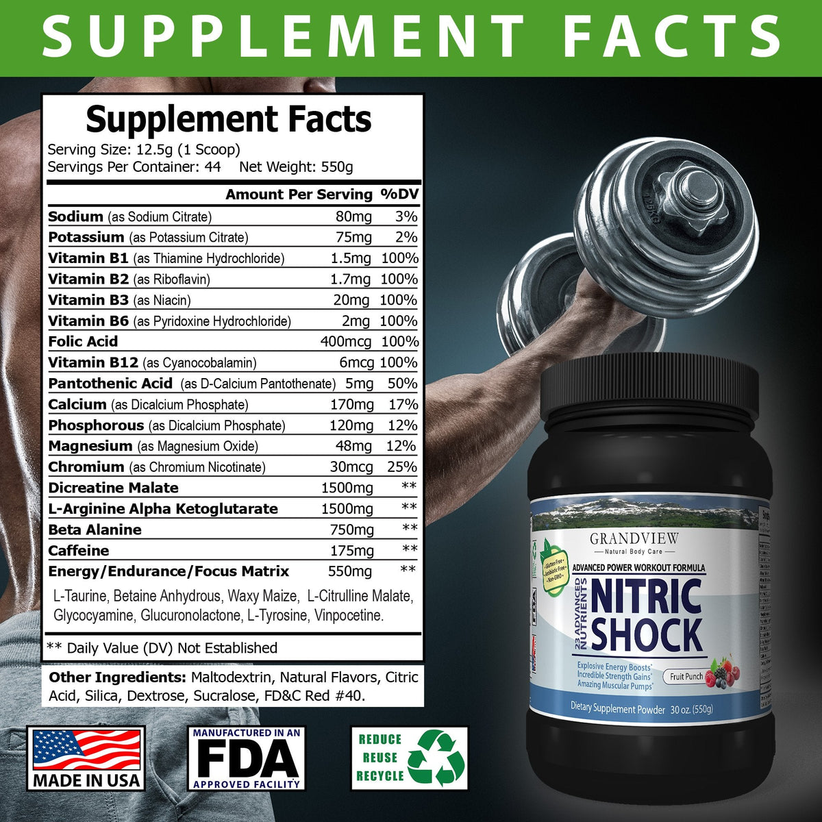 N Shock- Pre Workout Powder, x10 Strength, 44 Servings, (Fruit Punch) Boost Energy, Increase Endurance and Focus, Beta-Alanine, 175mg Caffeine, Citrulline Malate, Nitric Oxide Booster - Keto Friendly