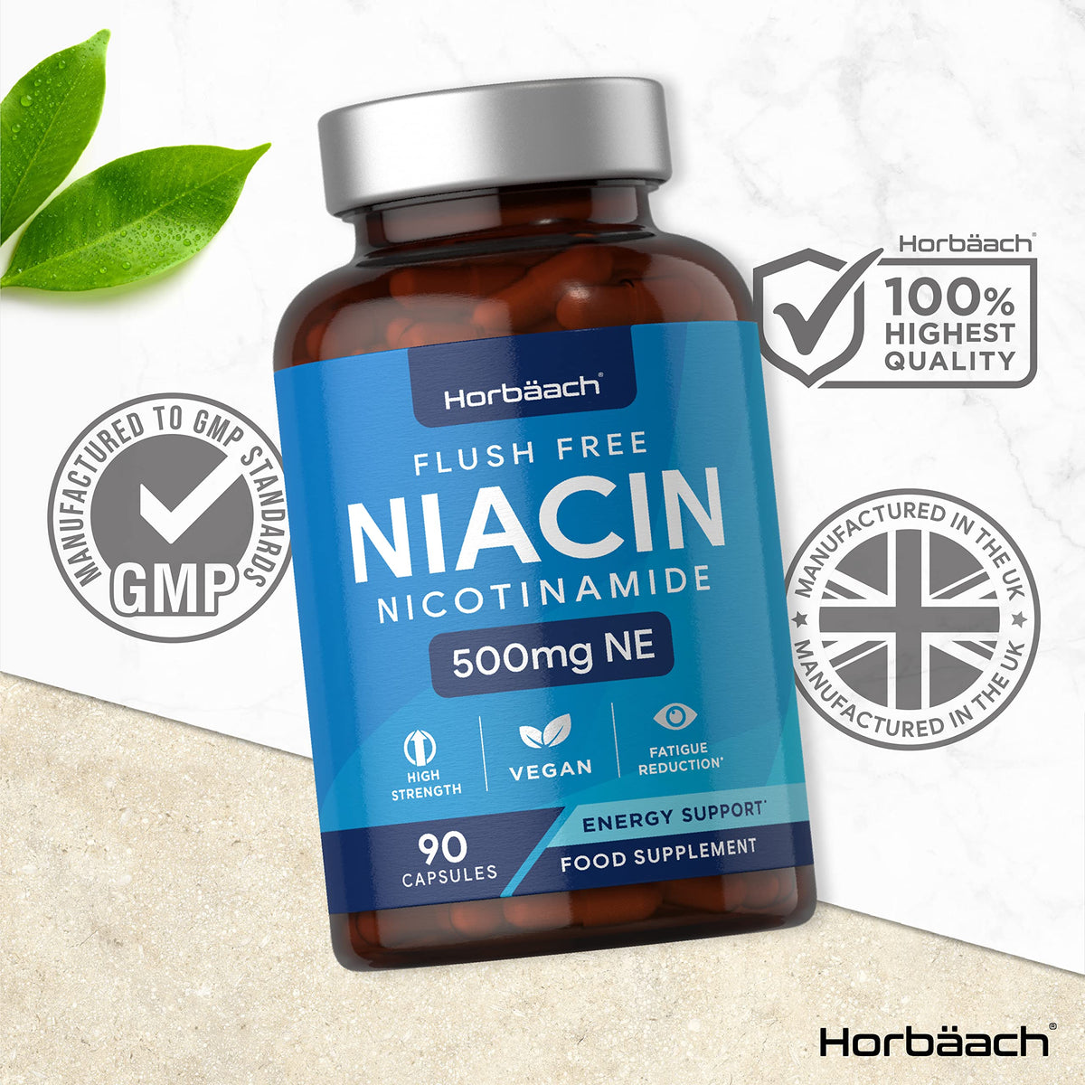 Vitamin B3 Niacin 500mg | 90 Vegan Capsules | Flush Free Nicotinamide Supplement