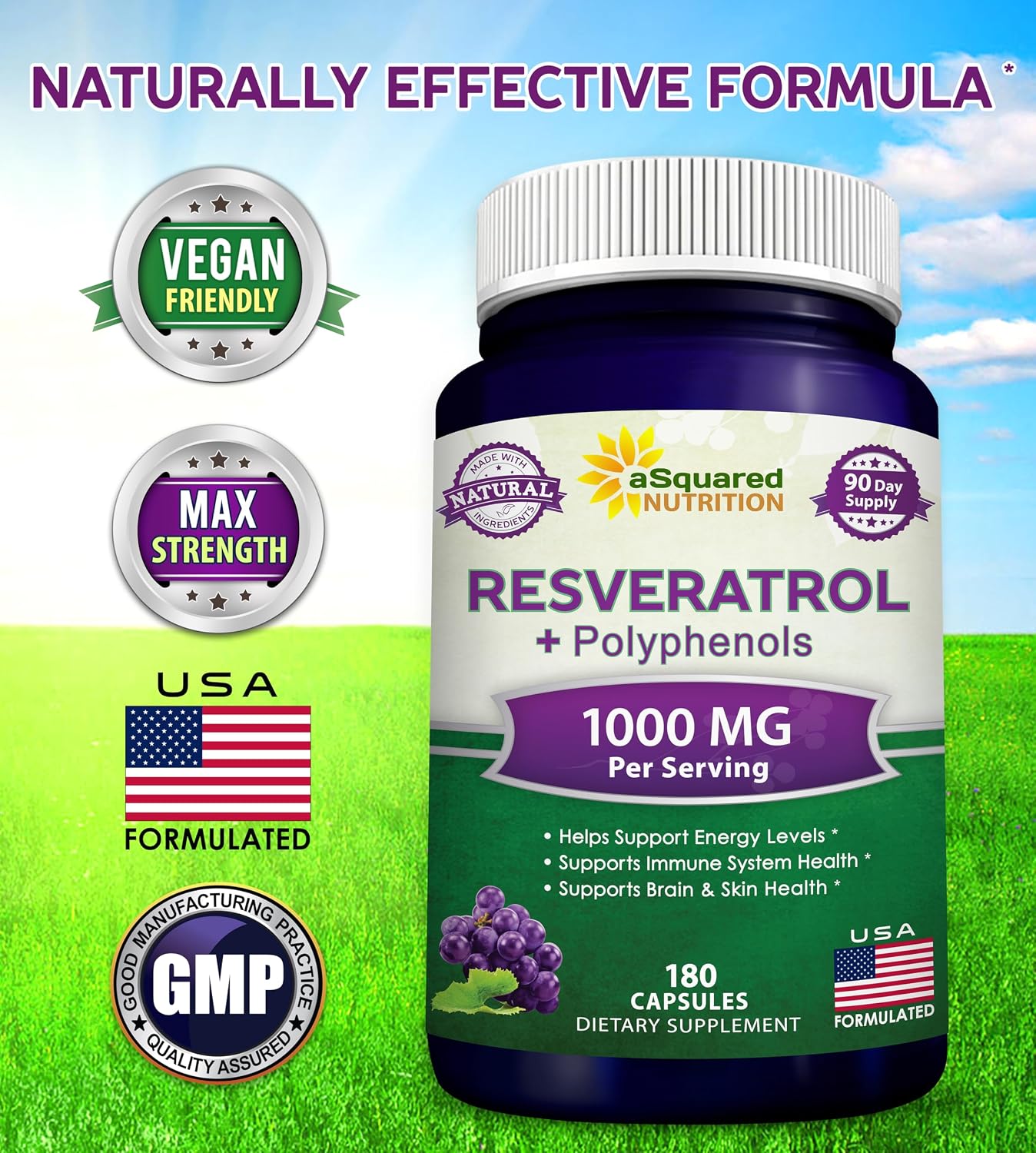 aSquared Nutrition Natural Resveratrol with Red Wine Extract - 180 Capsules - Trans Resveratrol Antioxidant Supplement Pills for Pure Heart Health - Extra Strength Trans-Resveratrol