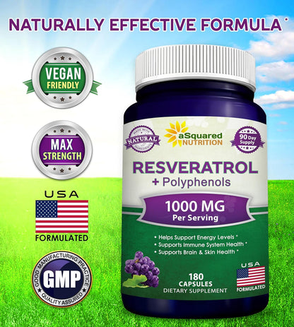 aSquared Nutrition Natural Resveratrol with Red Wine Extract - 180 Capsules - Trans Resveratrol Antioxidant Supplement Pills for Pure Heart Health - Extra Strength Trans-Resveratrol