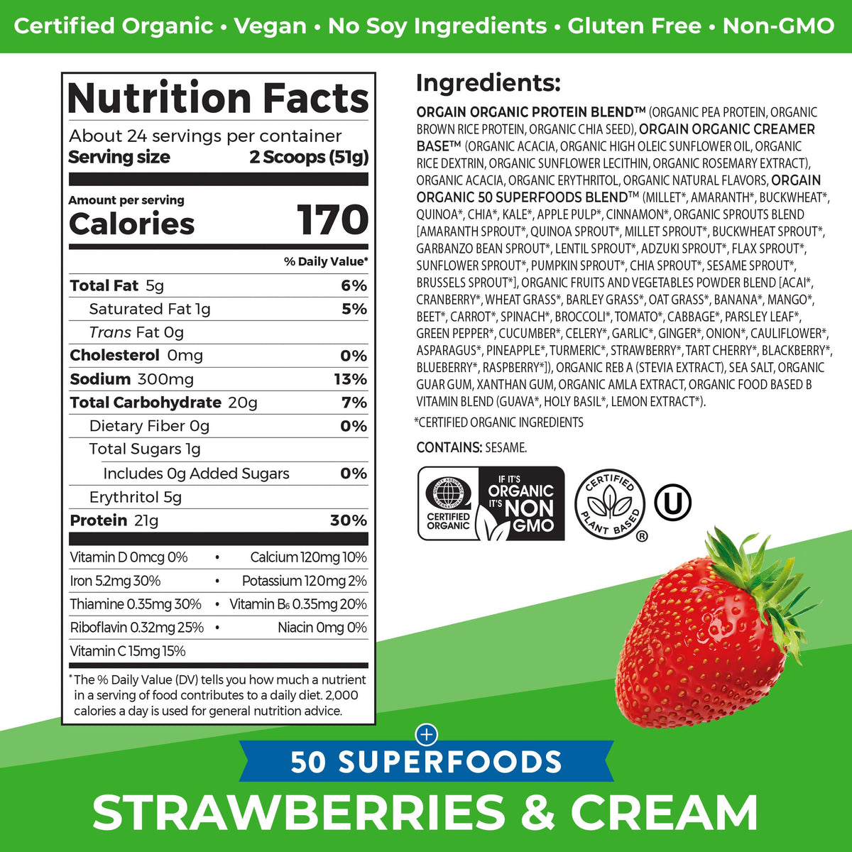 Orgain Organic Vegan Protein Powder + 50 Superfoods, Strawberries and Cream