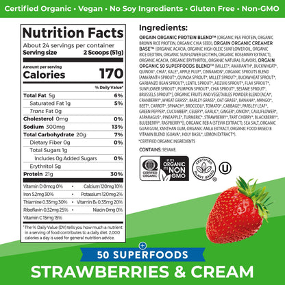 Orgain Organic Vegan Protein Powder + 50 Superfoods, Strawberries and Cream