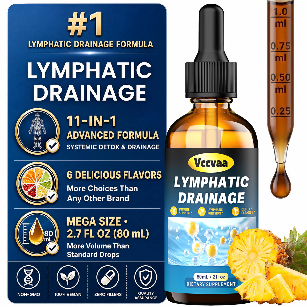 Lymphatic Drainage Drops - Organic Lymphatic Drops, Herbal Liquid Support for Natural Fluid Balance & Immunity - Burdock Root, Elderberry & Calendula -Lemon Flavor, 2.7 Fl Oz