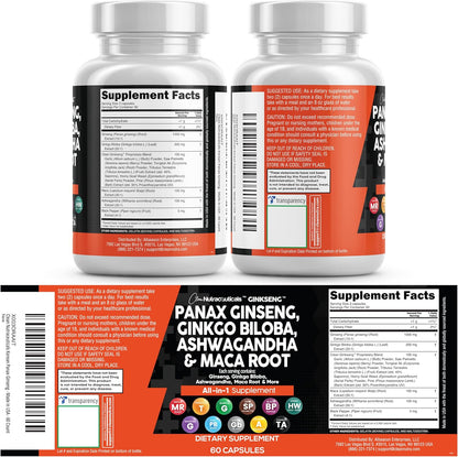 Clean Nutraceuticals Panax Ginseng Ginkgo Biloba Ashwagandha Maca Root - Focus Supplement Pills for Women and Men with Pine Bark Extract, Garlic, and Saw Palmetto - 60 Caps
