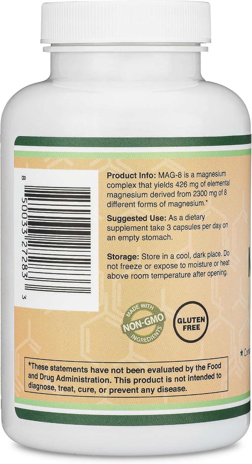 Magnesium Complex Supplement 180 Capsules (426mg Elemental Magnesium Provided by 2,300mg of Eight Different Forms of Magnesium) MAG-8 Provides 100% Daily Recommended Value of Magnesium by Double Wood