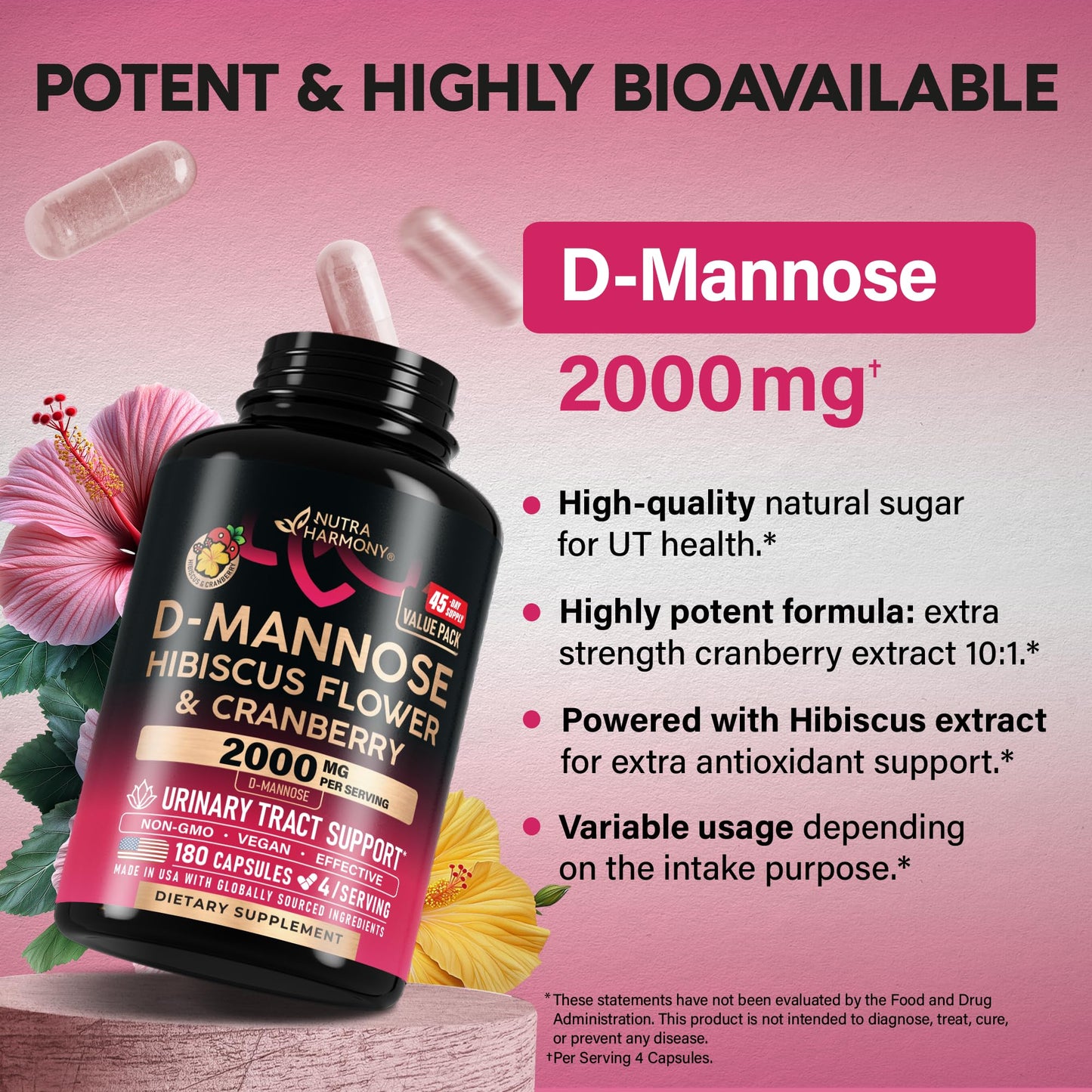 D-Mannose 2000mg with Cranberry & Hibiscus - Clinically Tested Strength for Urinary Tract Health - Supplement for Women - Bladder, Liver & Microflora Support - Lab Tested - Vegan, 120 Capsules