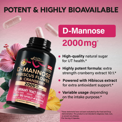 D-Mannose 2000mg with Cranberry & Hibiscus - Clinically Tested Strength for Urinary Tract Health - Supplement for Women - Bladder, Liver & Microflora Support - Lab Tested - Vegan, 120 Capsules