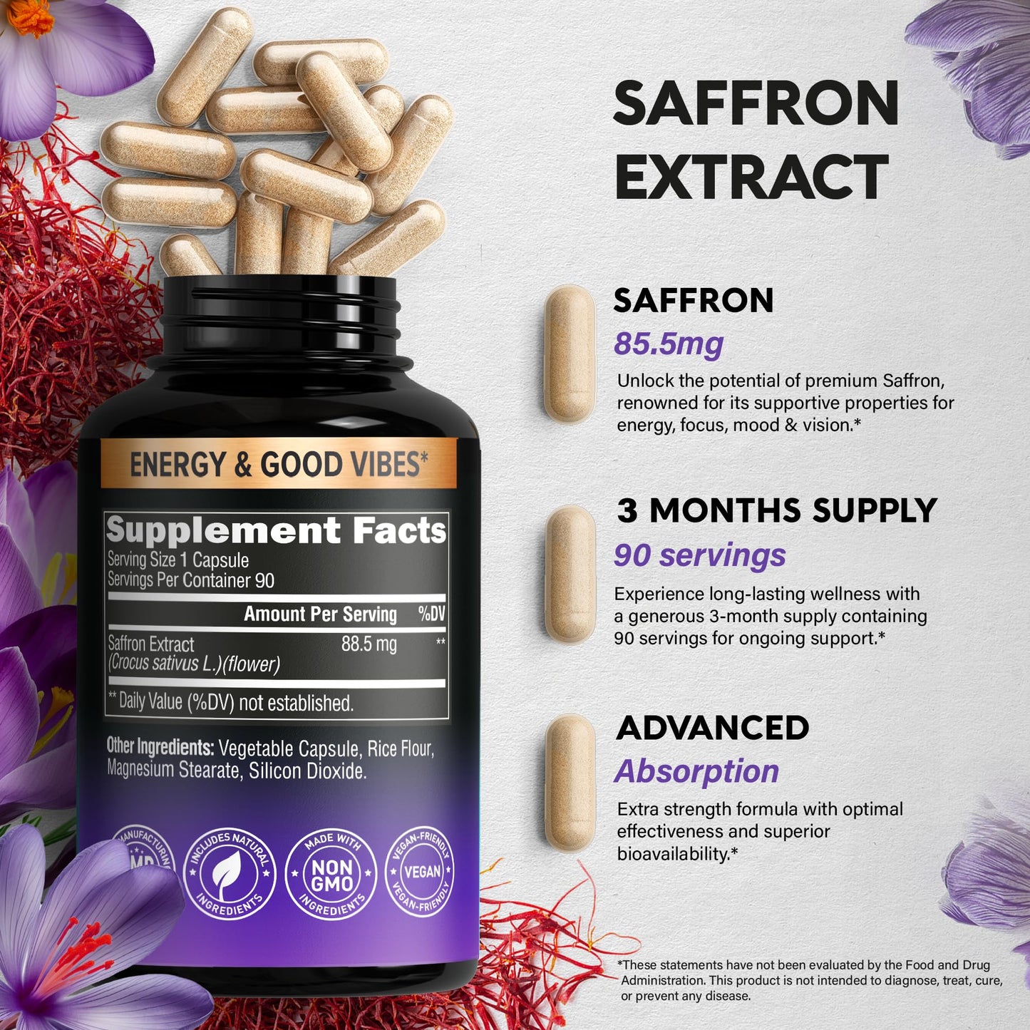 Natural Saffron Supplements - Pure Saffron Extract 88.5 mg - Mood | Focus | Vision | Energy Support - Eye Health for Women & Men - Lab Tested - NonGMO Vegan Pills - 90 Powder Capsules, 3 Month Supply