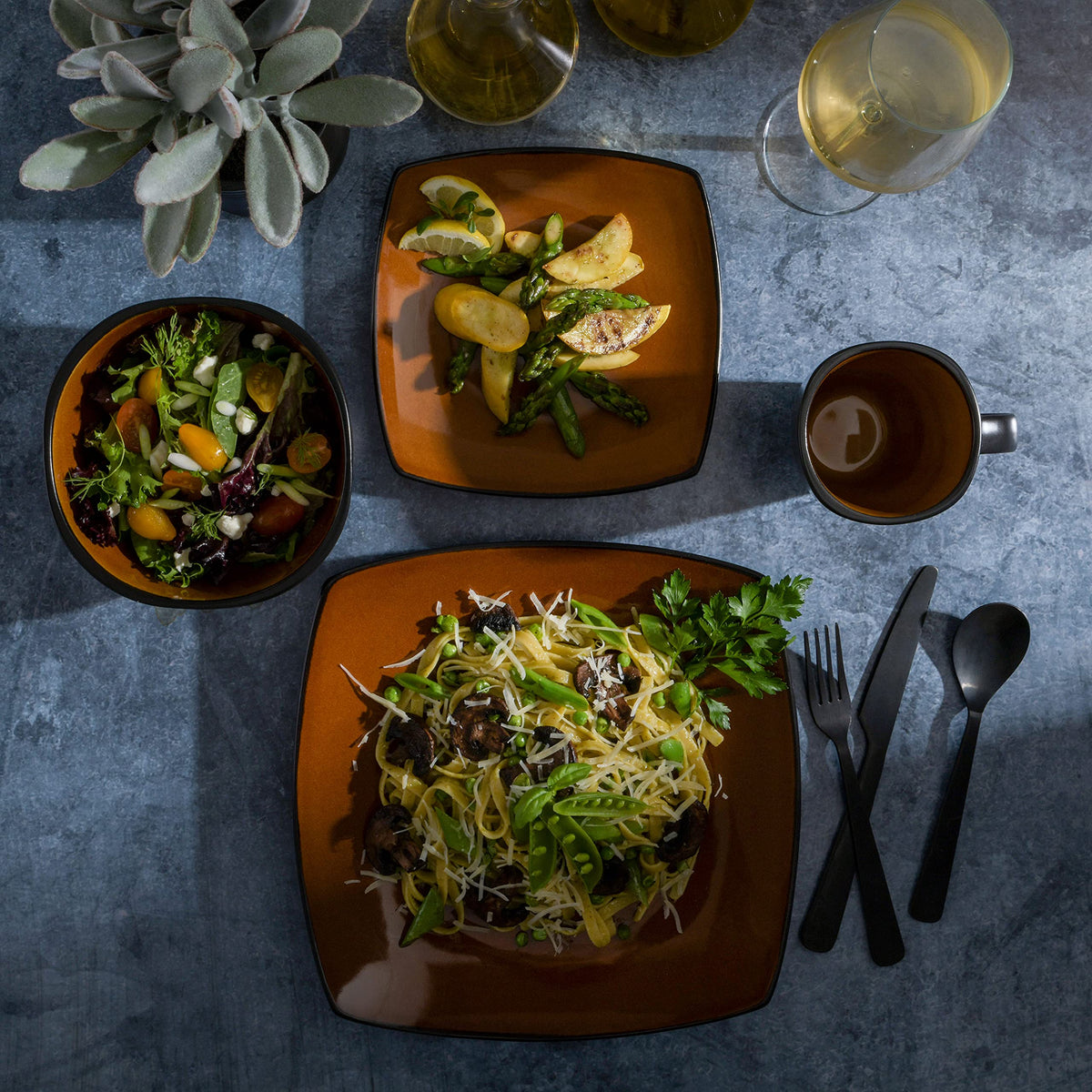 Gibson Soho Lounge Square Reactive Glaze Stoneware Dinnerware Set, Service for 4