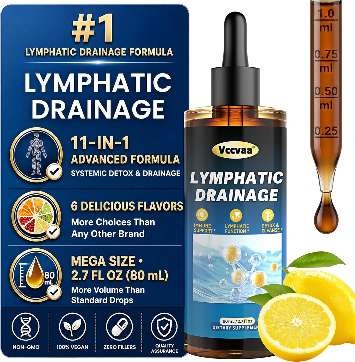 Lymphatic Drainage Drops - Organic Lymphatic Drops, Herbal Liquid Support for Natural Fluid Balance & Immunity - Burdock Root, Elderberry & Calendula -Lemon Flavor, 2.7 Fl Oz