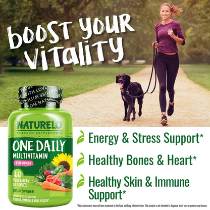 NATURELO One Daily Multivitamin for Women w/Vitamin B12, 120 Ct, Energy Support, Whole Food Daily Women Multivitamin Supplement, Nourish Hair/Skin/Nail, Non-GMO, No Soy, Gluten Free, 4 Month Supply