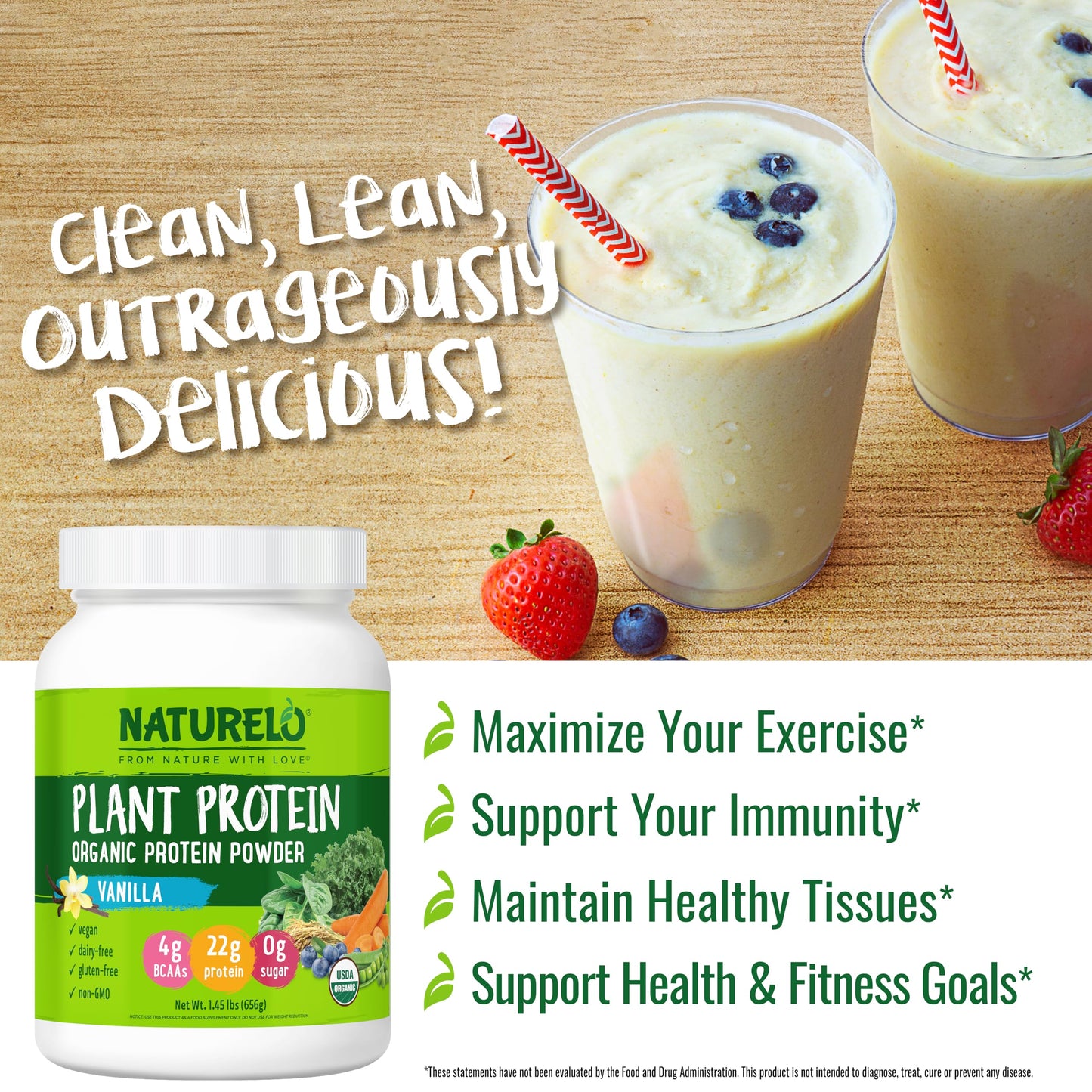 NATURELO Plant Protein Powder, Vanilla, 22g Protein - Non-GMO, Vegan, No Gluten, Dairy, or Soy - No Artificial Flavors, Synthetic Coloring, Preservatives, or Additives - 20 Servings