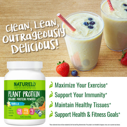 NATURELO Plant Protein Powder, Vanilla, 22g Protein - Non-GMO, Vegan, No Gluten, Dairy, or Soy - No Artificial Flavors, Synthetic Coloring, Preservatives, or Additives - 20 Servings