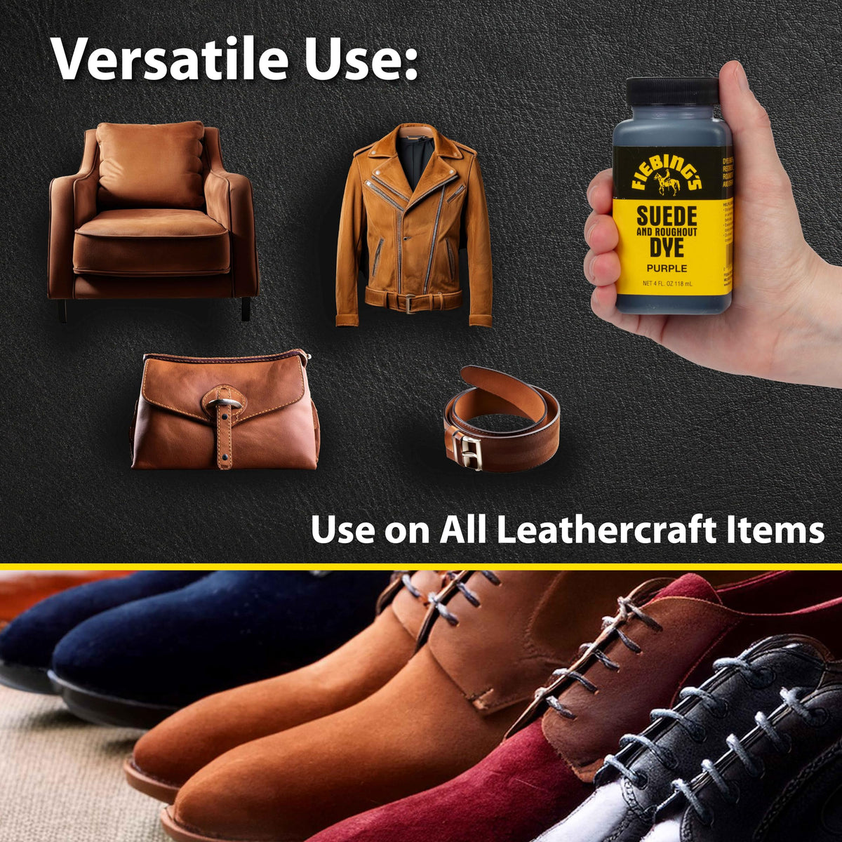 Fiebing's Black Suede Dye (4 oz) - Recolor, Brighten & Restore Suede & Roughout Leather Shoes, Furniture, Purse - Includes Wool Dauber for Easy Application - Flexible When Dry, Won't Crack or Peel