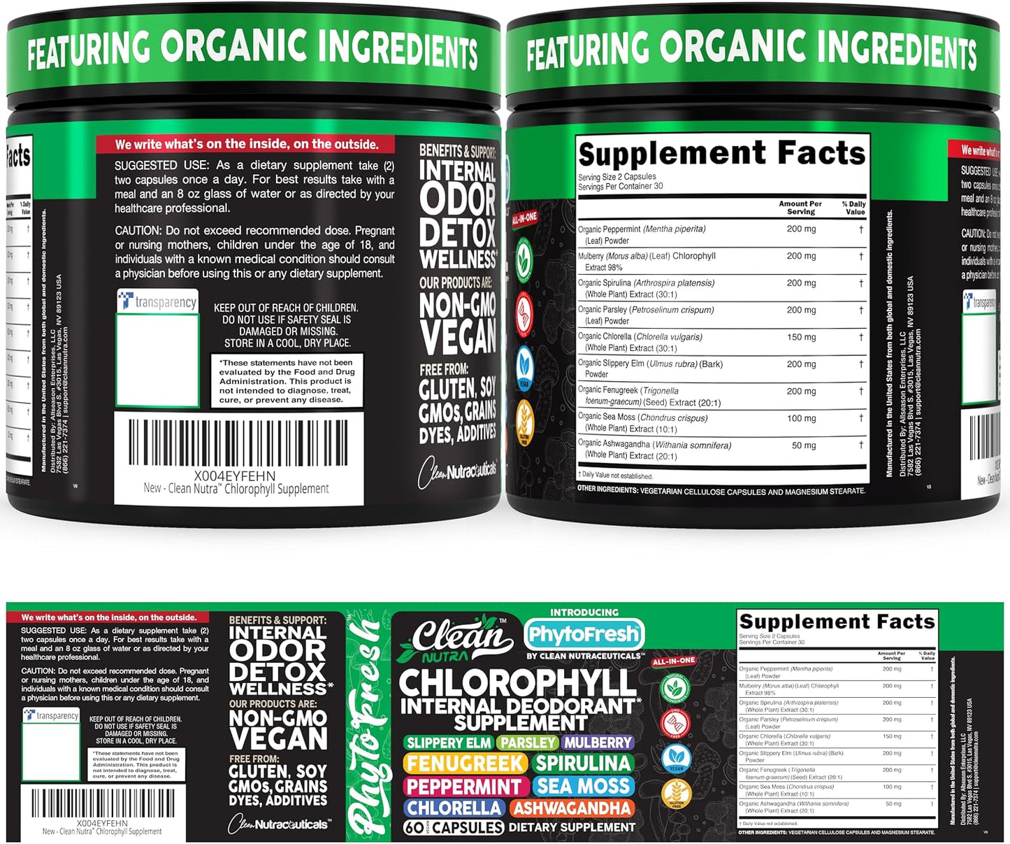 Clean Nutra Chlorophyll Capsules Supplement Internal Deodorant Peppermint, Sea Moss, Parsley, Chlorella, Spirulina, Slippery Elm, Ashwagandha, PhytoFresh Greens Detox Pills