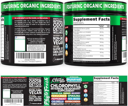 Clean Nutra Chlorophyll Capsules Supplement Internal Deodorant Peppermint, Sea Moss, Parsley, Chlorella, Spirulina, Slippery Elm, Ashwagandha, PhytoFresh Greens Detox Pills