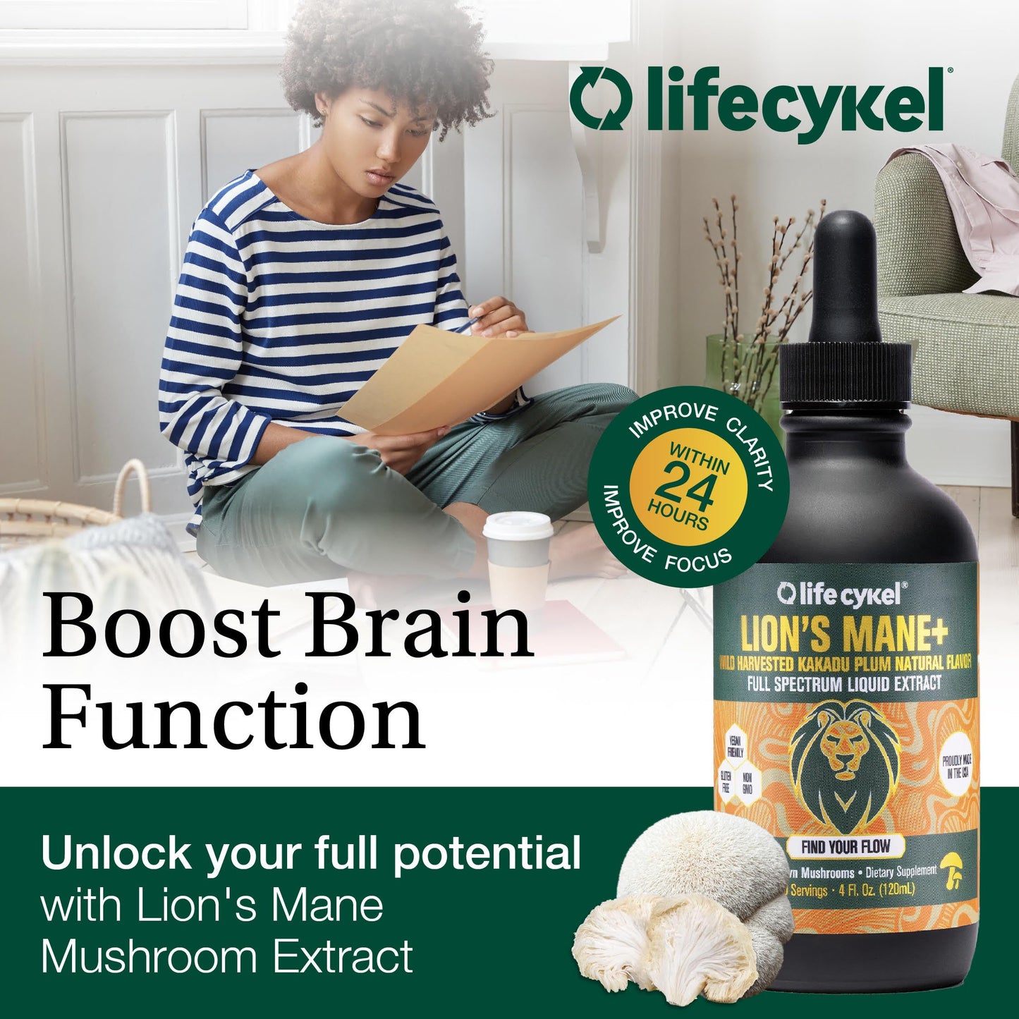 Life Cykel - Lion's Mane Mushroom Extract with Kakadu Plum - Brain Booster Nootropic for Memory, Focus & REM Sleep - Non-GMO, Organic Mushroom Tincture - 4 Fl Oz (60 Servings)