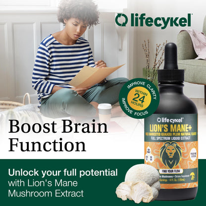 Life Cykel - Lion's Mane Mushroom Extract with Kakadu Plum - Brain Booster Nootropic for Memory, Focus & REM Sleep - Non-GMO, Organic Mushroom Tincture - 4 Fl Oz (60 Servings)