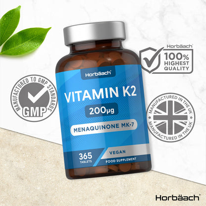 Vitamin K2 MK7 200ug | 365 Vegan Tablets | High Strength Menaquinone MK-7