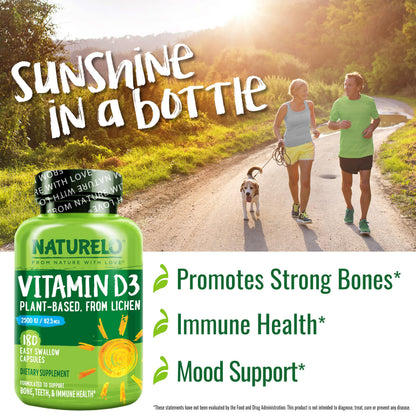 NATURELO Vitamin D - 2500 IU - Plant Based from Lichen - Natural D3 Supplement for Immune System, Bone Support, Joint Health - Vegan - Non-GMO - Gluten Free - 180 Capsules