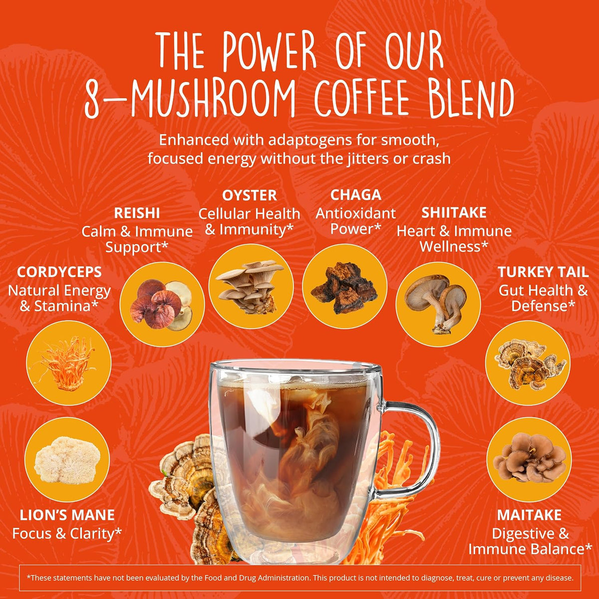 Nootropic Mushroom Coffee Instant - Energy & Focus - 8 Mushroom Blend, 6 Oz