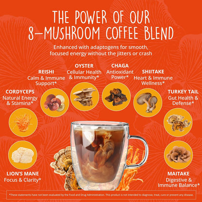 Nootropic Mushroom Coffee Instant - Energy & Focus - 8 Mushroom Blend, 6 Oz
