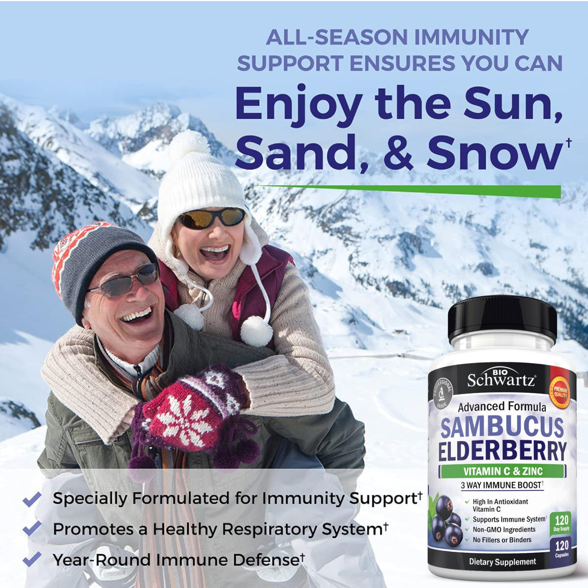 Elderberry Capsules with Zinc and Vitamin C for Adults, 60 Count