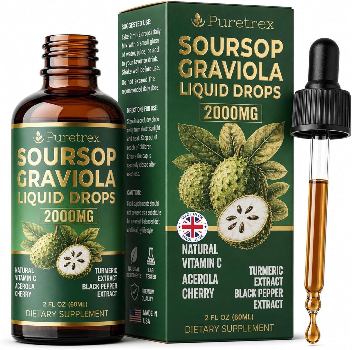 Soursop Graviola Liquid Drops 2000mg, Bitters Complex with Acerola Cherry, Turmeric and Black Pepper Extract, Fast Absorption Botanical Formula, Alcohol Free, 60mL 2 fl oz