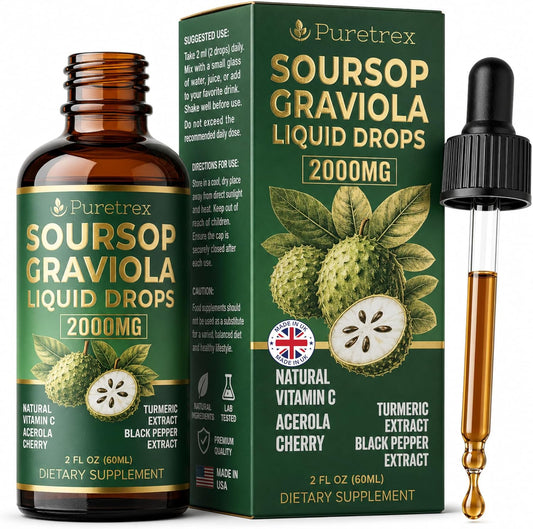 Soursop Graviola Liquid Drops 2000mg, Bitters Complex with Acerola Cherry, Turmeric and Black Pepper Extract, Fast Absorption Botanical Formula, Alcohol Free, 60mL 2 fl oz