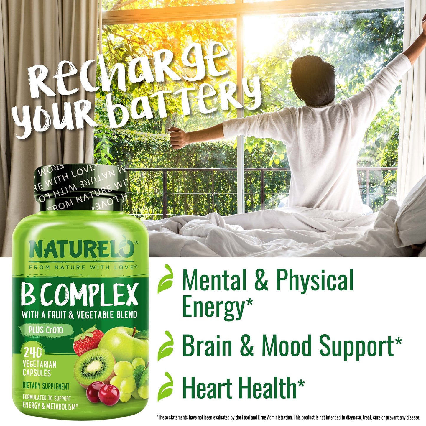 NATURELO Vitamin B Complex,120 Capsules, Vegan, CoQ10, Methyl Folate, Biotin, Fruit & Veg Blend, Supports Energy and Healthy Stress Response, Super B Complex Vitamins for Women and Men