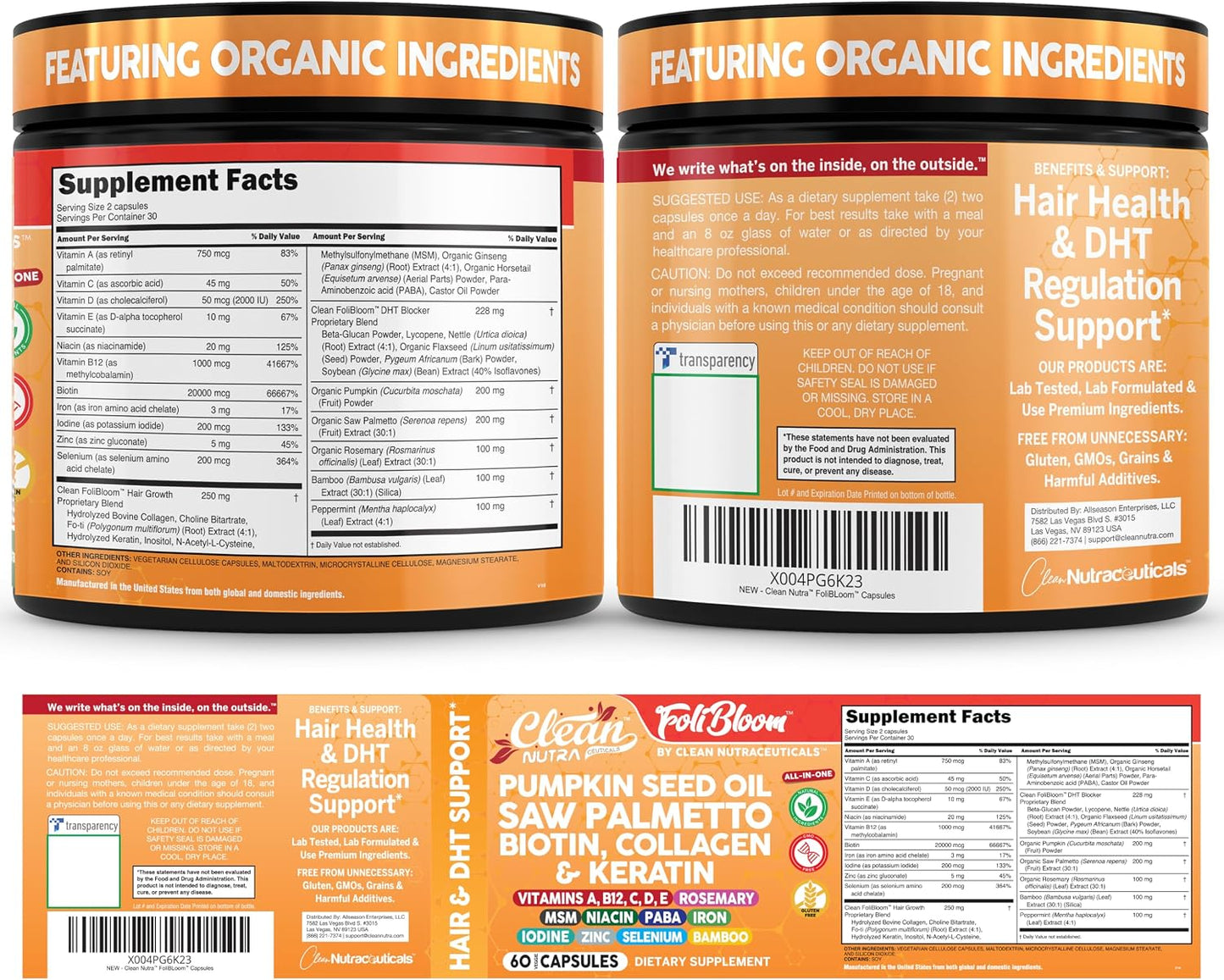 Clean Nutra Pumpkin Seed Oil Capsules + Saw Palmetto Biotin Collagen Keratin MSM Folate Hyaluronic Acid Supplements B12 Zinc Hair Supplement for Women Men Iodine 5-MTHF B-12 Vitamin B9-60 Pills