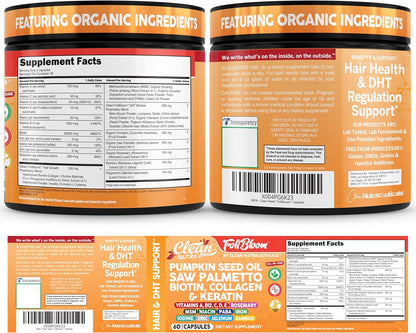 Clean Nutra Pumpkin Seed Oil Capsules + Saw Palmetto Biotin Collagen Keratin MSM Folate Hyaluronic Acid Supplements B12 Zinc Hair Supplement for Women Men Iodine 5-MTHF B-12 Vitamin B9-60 Pills