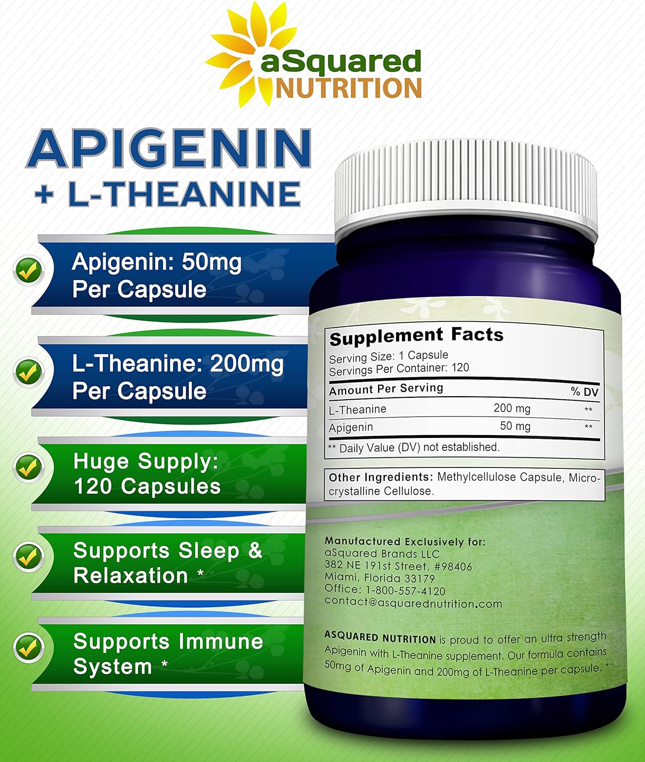 aSquared Nutrition Apigenin 50mg & L-Theanine 200mg - 120 Capsules - Apigenin Supplement Pills for Sleep and Relaxation - Natural Bioflavonoid Extract Found in Chamomile Tea | Apigenin Supplement Pills for Relaxation - Natural Bioflavonoid Extract Powder