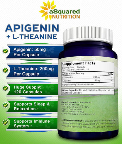 aSquared Nutrition Apigenin 50mg & L-Theanine 200mg - 120 Capsules - Apigenin Supplement Pills for Sleep and Relaxation - Natural Bioflavonoid Extract Found in Chamomile Tea | Apigenin Supplement Pills for Relaxation - Natural Bioflavonoid Extract Powder