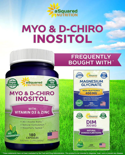 aSquared Nutrition Myo-Inositol & D-Chiro Inositol Supplement - 180 Capsules - Plus Vitamin D3 and Zinc - Myo & D-Chiro Inositol 40 to 1 Ratio - VIT B8 Complex Pills