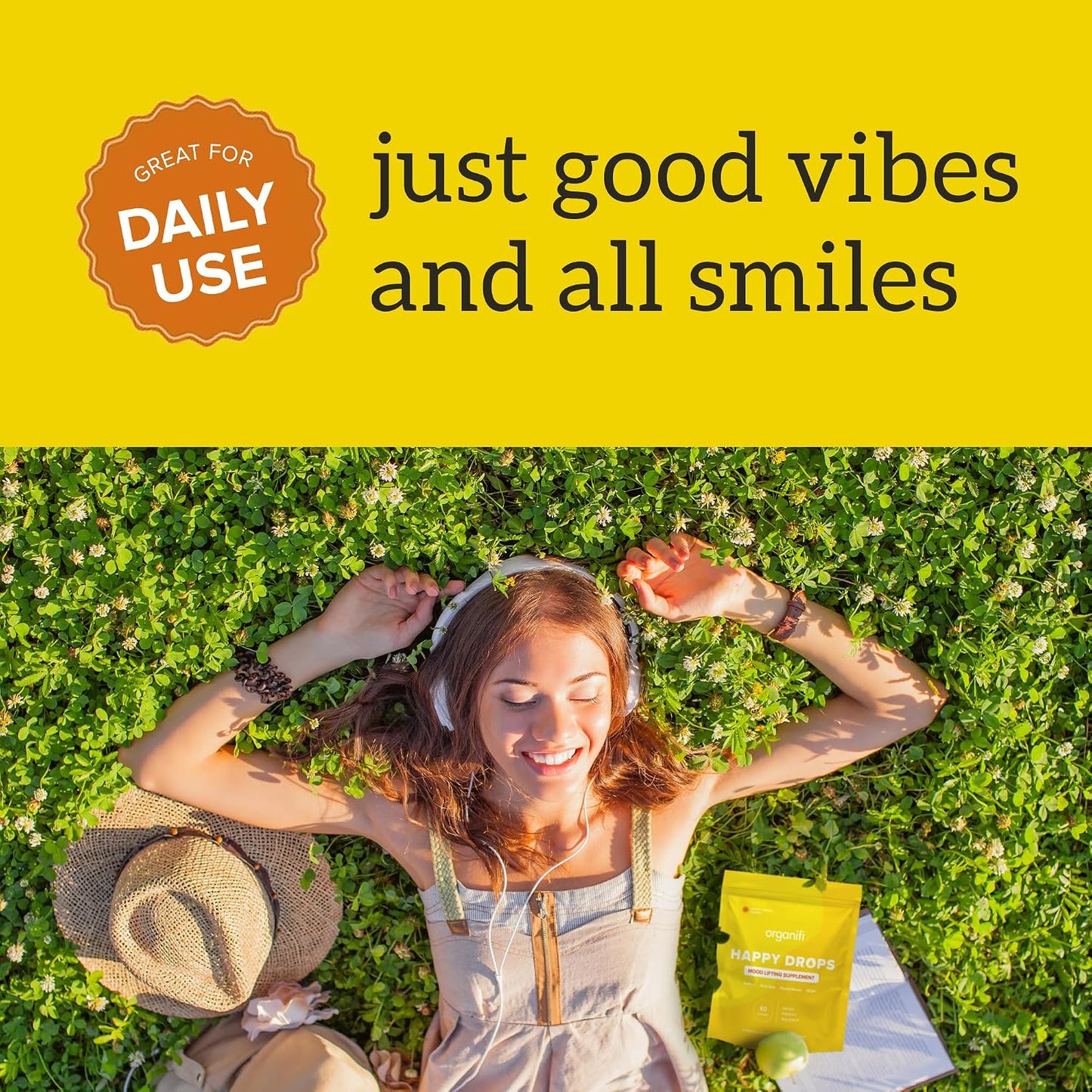 Organifi Happy Drops - Daily Superfood Happy Gummies for Adults - Mood Support Supplement for Balance, Bliss, Energy and Taking the Edge Off - Sweet Lemon Flavor - 60 Gummies