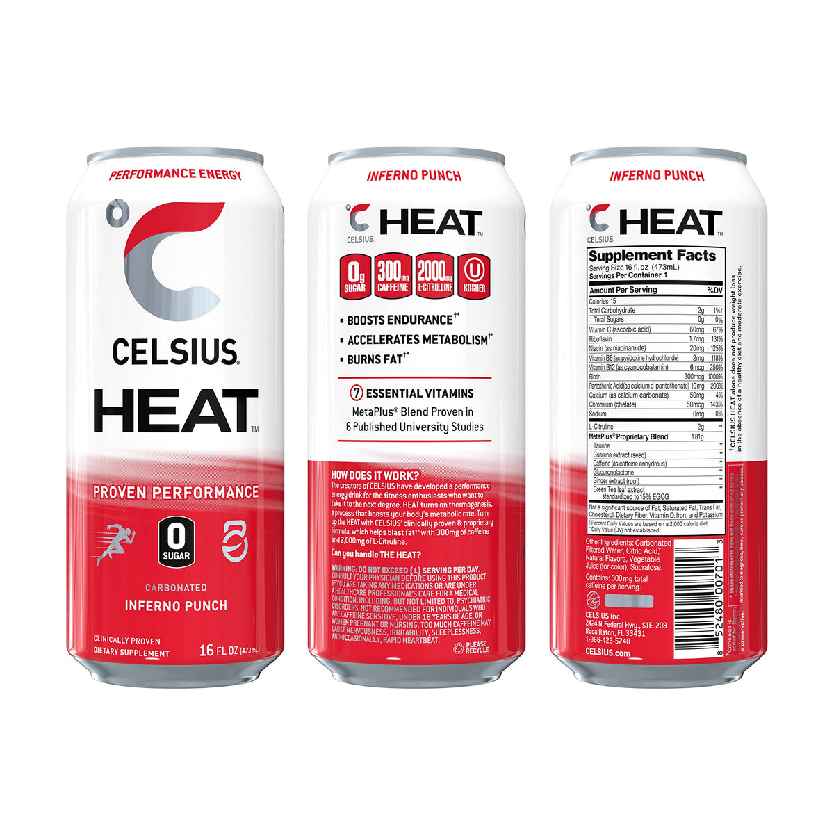 CELSIUS HEAT Inferno Punch Performance Energy Drink, Zero Sugar, 16oz. Can (Pack of 12)